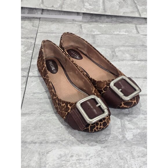 Fossil Buckle Brown Giraffe Print Calf Hair Slip On Flat Shoe Size‎ 6/7 - Picture 1 of 7